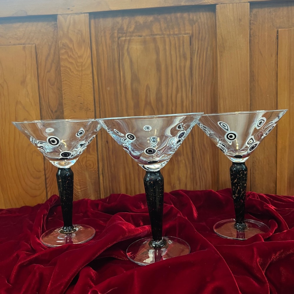 Murano Millefiori Hand Blown Martini Glasses Black White Murrine Stem